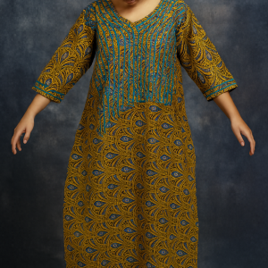 Royal Peacock Kaftan Maxi Dress in Mustard Gold & Teal Blue