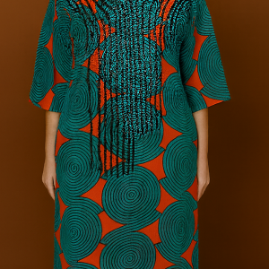 Emerald Spiral Maxi Kaftan Dress in Teal Green & Burnt Orange